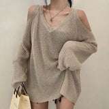 Huibaolu Knitted Sweater V-neck Off Shoulder Pullover Jumper Casual Sunscreen Cover Up Korean Fashion Streetwear Hollow Blouses