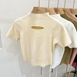 Huibaolu Hollow Sweet Slim Short Sleeve Female Summer 2024 New Semi-high Collar Bottoming Shirt Niche Short Top Female