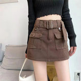 Huibaolu American Retro Cargo Skirt Woman High Street Big Pocket Y2K Mini Skirts Korean High Waist Anti-Glare Short Skirt for Women