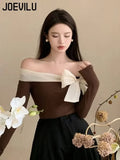 Huibaolu Off Shoulder Bow T-Shirt Women Sexy Exposed Clavicle Crop Top Spring and Autumn Korean Elegant Long Sleeve Bottom Shirts