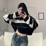 Huibaolu Y2K Street Sweaters Women Korean Style Striped Cropped Sweater Female Autumn Long Sleeve O-Neck Knitted Pullovers Tops