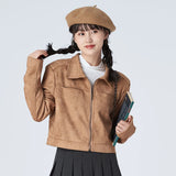 Huibaolu High Quality Khaki Short Jackets Women All-Match Design Turndown Collar Zip Coats Vintage Women Clothes Bomber Jacket