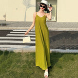 Huibaolu Women Spaghetti Strap Long Dresses Casual Loose Summer V-Neck Beach Dress Female Solid Basic Sleeveless Maxi Dress Woman