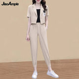 Huibaolu Women's Summer Fashion Short Suit Jacket Matching Set 2024 New Casual Blazers Coat Pants Two Piece Korean Elegant Trousers Suit