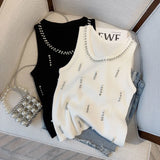 Huibaolu Thin Sweater Diamond Pearl O-Neck Knit Vest Pullover T-Shirt Sleeveless Casual Black Slim Women's Tops Ladies Tight Tees