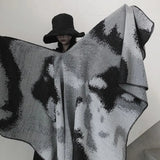 Huibaolu Retro White Print Poncho Cardigan Faux Cashmere Women Shawl Scarf Jackets Tie-dye Black Blanket Cape Pashmina Claok Coats