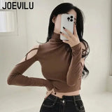 Huibaolu Out Off Shoulder Crop Tops Babes Sexy Turtleneck Long Sleeve T-shirt Skinny Bottoming Shirt Slim Short Tee Women Y2k Top