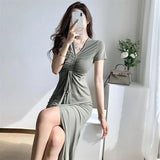 Huibaolu Korean Fashion Women Long Dress Summer Elegant Drawstring V-Neck Maxi Dress Female Slim Fit Split Evening Party Vestidos