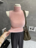 Huibaolu and Waxy Warm Pure Desire High Neck Knitted Vest Fluffy Slim Sleeveless Sweater Base Layer Shirt Crop Top