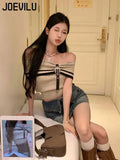 Huibaolu Off Shoulder Knit Tops Women's Sexy Collarbone Short Sleeved Shirts Summer Korean Skinny Crop Tee Y2k Aesthetic Clothes