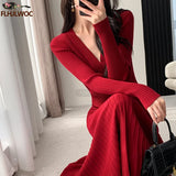 Huibaolu Spring Basic Wear Women New Year Red French Style Design Slim Fit A Line V Neck Knitted Sweater Dress Long Maxi Vestidos