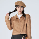 Huibaolu High Quality Khaki Short Jackets Women All-Match Design Turndown Collar Zip Coats Vintage Women Clothes Bomber Jacket