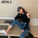 Huibaolu Holllow Out Crop Tops Off Shoulder Sexy Long Sleeve T-shirt Women's Korean Harajuku High Waisted Skinny Bottoming Shirts