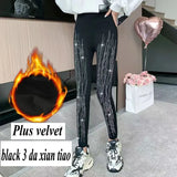 Huibaolu Black Stretch Rhinestone Skinny Leggings Women Autumn Winter Thick Velvet Ankle-Length Pants Tide Elasticit Shinny Legging