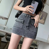 Huibaolu Denim Short Skirt for Women Korean Style High Waist Pockets Cargo Mini Skirt Female Sexy Skinny Anti-Glare Bodycon Skirts