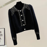 Huibaolu Fashion Beading Diamonds Cardigan Women Long Sleeve Single-Breasted Sweater Coat Female Solid O-Neck Knitted Cardigans