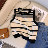 Huibaolu Sleeveless Cropped Tank Top Striped Knitted Camisole Lady Slim Summer Versatile New Top