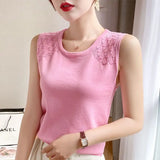 Huibaolu Version of Large Size Knitted Halter Vest Female 2024 Summer New Thin Tank Top Ice Silk Slim-fit Hollow-out Base Shirt