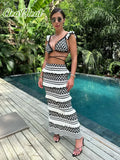 Huibaolu Knitted Striped Pleated Knitted Skirt Sets Fashion Backless Lace Up Bra Top Ruffle Skirt Outfit Chic Lady Beach 2 Piece Set