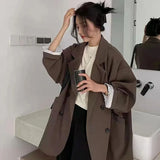 Huibaolu Vintage Loose Blazers Women Elegant Simple Solid Double-Breasted Casual Outwear Female Korean Fashion Business Suit Coat