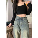 Huibaolu 2024 New Wide Leg Jeans for Women Vintage High Waist Baggy Y2K Denim Pants Woman 90S Streetwear Straight Full Trousers