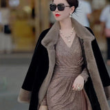 Huibaolu Faux Mink Fur Coat Women Winter Long Jacket Middle-aged Elderly Mother Cashmere Overcoat Noble Warm Parkas Black Outwear