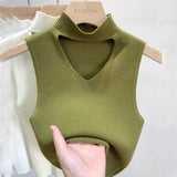 Huibaolu Out V-neck Sweater Half High Neck Knitting Small Camisole Women's Inner Vest Sleeveless Short Top