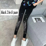 Huibaolu Black Stretch Rhinestone Skinny Leggings Women Autumn Winter Thick Velvet Ankle-Length Pants Tide Elasticit Shinny Legging