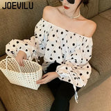 Huibaolu Polka Dot Shirt Off Shoulder Bubble Sleeve Tops Women's White Loose Simple Top French Casual Blouse In Spring and Summer