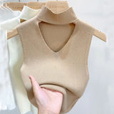 Huibaolu Out V-neck Sweater Half High Neck Knitting Small Camisole Women's Inner Vest Sleeveless Short Top