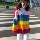 Huibaolu Spring Harajuku Knit Cardigan Women Striped Rainbow Sweater Coat Female Loose Sweaters Letter Embroidery Jumper Cardigans