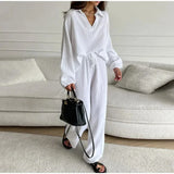 Huibaolu Women's Pants Suit 2024 Spring Summer Solid Loose Long Sleeve Top Elastic Drawstring Wide Leg Trousers Chic Lady Home Pant Sets