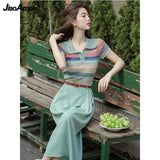 Huibaolu Women's Summer Elegant POLO Neck Knitted Stripe Top+Midi Skirt Two Piece Suit 2024 New Fashion Short Sleeve Dress Matching Set