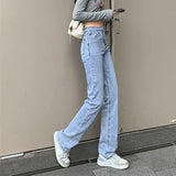 Huibaolu 2024 New High Waist Straight Jeans Women Korean High Street Full Length Denim Pants Summer Thin Casual Trousers De Mujer