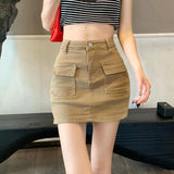 Huibaolu Khaki Denim Cargo Mini Skirt Women 2024 Summer High Waist Bag Hip Skirts Female Sexy Skinny Pocket Anti-Glare Short Skirts