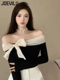 Huibaolu Off Shoulder Bow T-Shirt Women Sexy Exposed Clavicle Crop Top Spring and Autumn Korean Elegant Long Sleeve Bottom Shirts