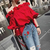 Huibaolu Shoulder Shirt Ruffled Elastic Sexy Blouse Female Summer Short Sleeve Top Korean Student Women's Blouses Retro Red Crop Tops