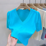 Huibaolu Collarbone V-neck Short Sleeve Knit Sweater Women's Niche Design Sense Top Short Spring 2024 New Base Shirt Women