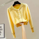 Huibaolu Fashion Beading Diamonds Cardigan Women Long Sleeve Single-Breasted Sweater Coat Female Solid O-Neck Knitted Cardigans