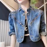 Huibaolu Fashion Street Jean Jackets For Women 2024 Designer Stylish Denim Coat Women's Diamonds Beaded Zipper Patchwork Short Jacket