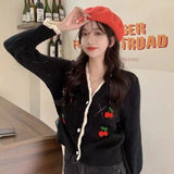 Huibaolu 2024 Winter New Knitted Cardigans Women Korean Button Up V Neck Cherry Sweaters Woman Sweet Patchwork Short Cardigan Tops