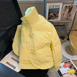 Huibaolu Style Flower Buckle Women's Jacket Yellow Sweet Quilted Coat Women Winter Loose Stand Neck Warm Thicken Cotton Parkas