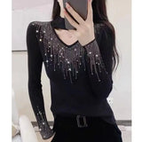 Huibaolu Heavy Industry Hot Diamond Sweater for Women's Autumn Winter New Style Slim Hollow Out Inner Knitwear Top