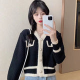 Huibaolu Harajuku Contrast Y2K Knit Cardigan Women Korean Chic V-Neck Short Sweater Coat Ladies Casual Wild Long Sleeve Cardigans