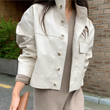 Huibaolu Simple Single Breasted Leather Jacket Women Fashion Stand Collar Loose Casual Faux Leather Locomotive Coat PU Outerwear