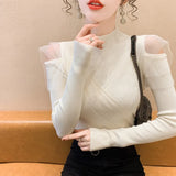 Huibaolu Sweater 2024 New Mesh Paneled Off-the-shoulder Knit Sweater with Undershirt Women's Autumn and Winter Top