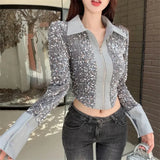 Huibaolu New Arrivals Sweater Women Sequin Spliced Design Knitted Cardigan Women's Color Contrast Zipper Sweaters Jacket Slim Tops