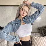 Huibaolu Waist Y2K Solid Crop Denim Jacket Women Autumn Sexy Kpop Streetwear Jean Coat Female Chic Short Outwear 2024 E Girl Tops