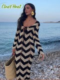 Huibaolu Knitted Hookflower Striped Long Dress 2024 Summer Women V-neck Hollow Out Lace Up Long Sleeve Vestido Lady Vacation Robe