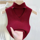 Huibaolu Out V-neck Sweater Half High Neck Knitting Small Camisole Women's Inner Vest Sleeveless Short Top